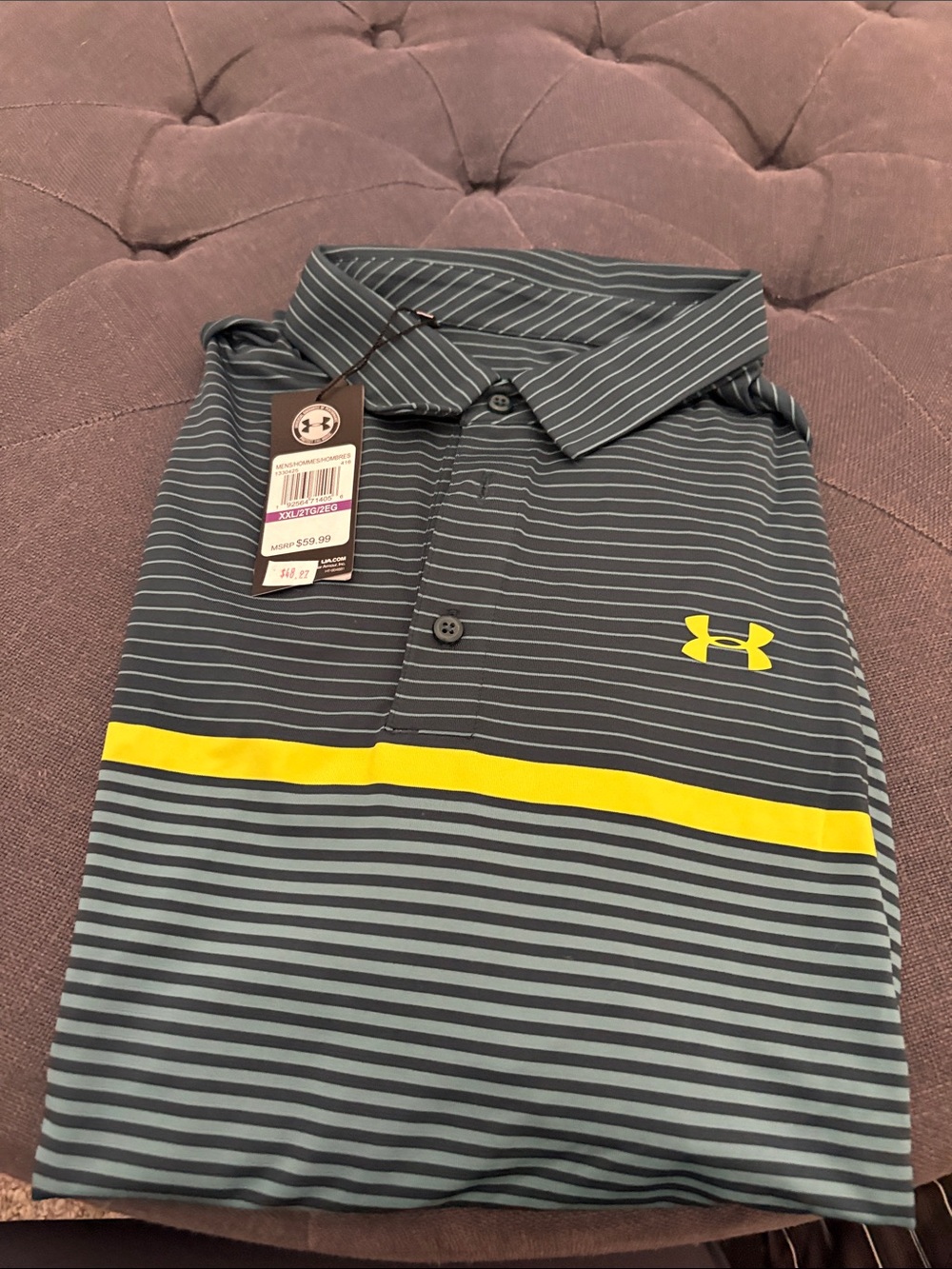 Under Armour Men’s Charcoal Stripe Polo with Yellow Chest Stripe